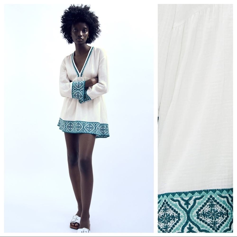 NWT. Zara White/Green Embroidered Textured Mini Dress/Tunic/Blouse. Size M.